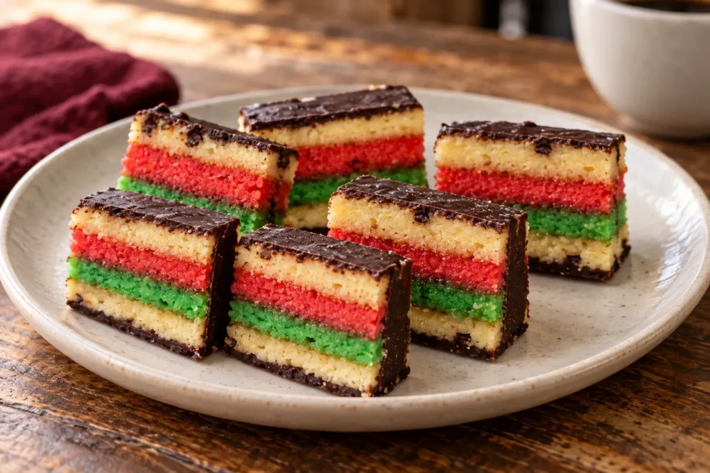 Italian rainbow cookies with chocolate-coated almond layers