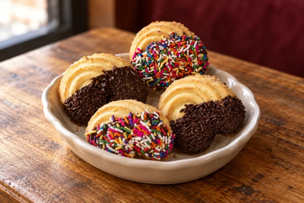 Italian butter cookies dipped in chocolate with rainbow and chocolate sprinkles