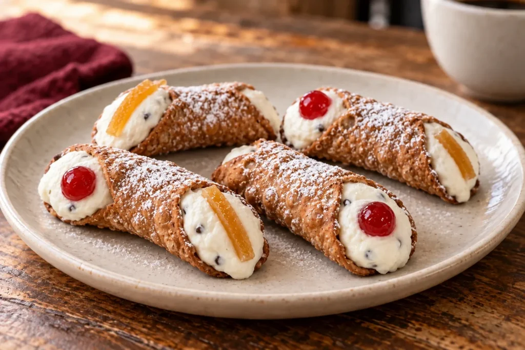 Traditional cannoli filled with sweet ricotta and chocolate chips, topped with candied cherries and orange peel
